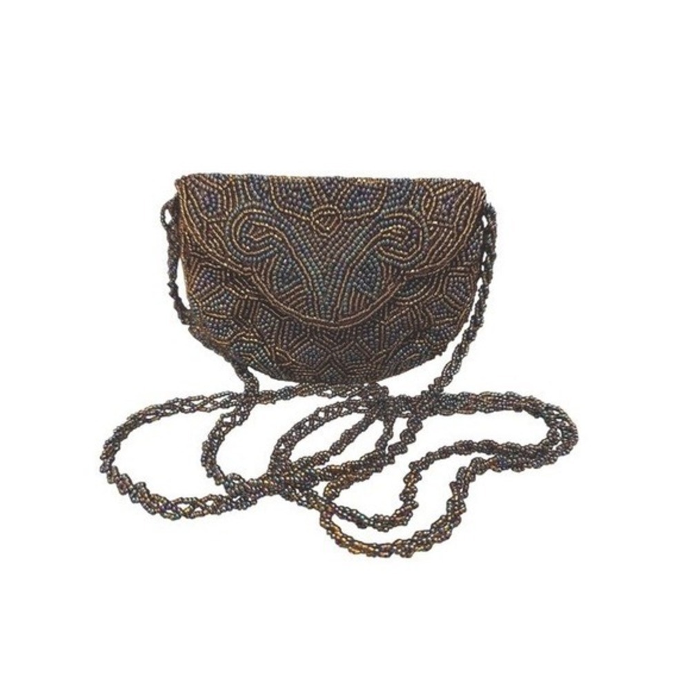 Vintage Bronze Iridescent‎ Beaded Evening Bag Crossbody Scroll Pattern Clutch